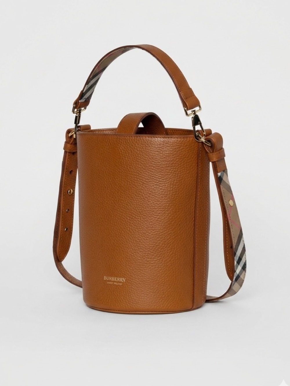Burberry Tan Pebbled Leather Mini Bucket Bag with Check Strap Brown New